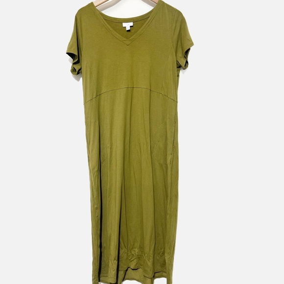 J. Jill Olive T Shirt Dress Maxi Length Pima Cotton Pockets V Neck Spring Size L - Picture 1 of 7